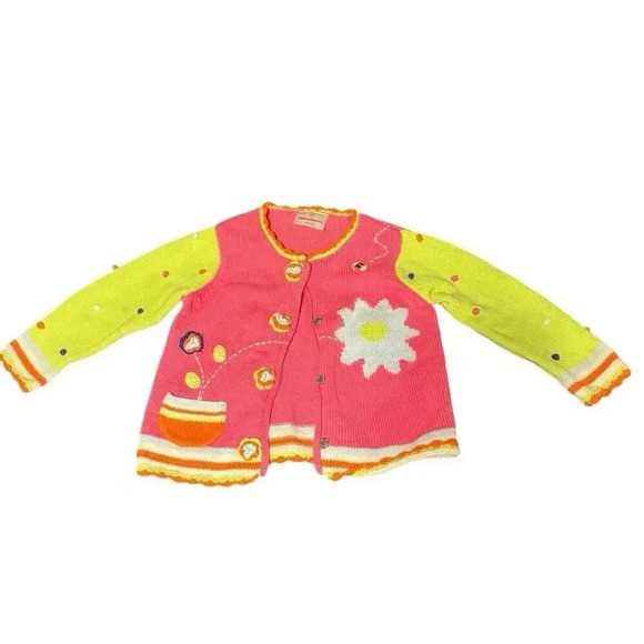 Hanna Andersson Pink Knit Rainbow Polka Dot Floral Cardigan Sz 80 (18-24 months) - Picture 1 of 4